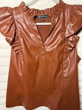 INC International Concepts Brown Faux Leather Ruffle Sleeve Top